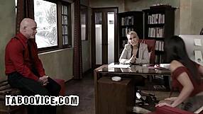 Hot! Brunette Babe's Wild Threesome With Principal And Teacher In Office