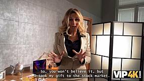 Busty Blonde Karina King Teases Debt Away with Massive Fake Tits