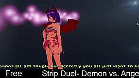 Strip duel demon vs angel who rips clothes first in erotic lesbian game?