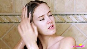 Skinny brunette teen showered after daddy's casting interview photoshoot.