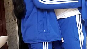 Petite latina schoolgirl caught bent over in bathroom doggy by classmate