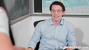 Brunette teen student slurps teacher's monster cock deepthroat