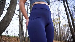 damn that milf in tight yoga leggings teases her fat cameltoe pussy outside