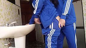 Petite latina schoolgirl caught bent over in bathroom doggy by classmate