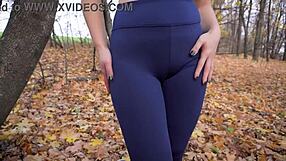 damn that milf in tight yoga leggings teases her fat cameltoe pussy outside