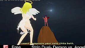 Strip duel demon vs angel who rips clothes first in erotic lesbian game?