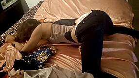 white slut in satin thong dress heels gives pov blowjob then doggy rimming 😈🍑