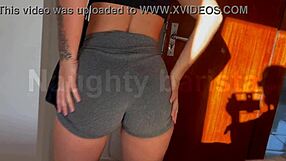 he fucks the prostitute hard in the bedroom before workout with her leggings wedged deep in her big ass pussy lips dripping wet