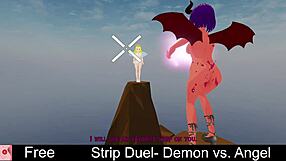 Strip duel demon vs angel who rips clothes first in erotic lesbian game?