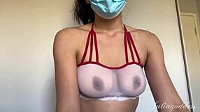 Naughty nurse in mask takes messy titjob blowjob cumshot pov
