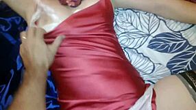 french slut in satin red dress gets doggystyle ass licked then fucked