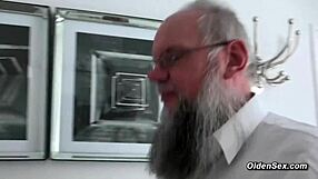 Skinny brunette teen babe bends for old man's doggystyle pussy pounding.