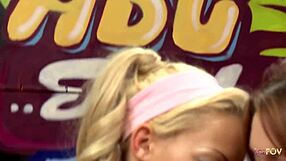 Sporty Blonde Slips Dildo into Brunette's Shaved Wetness Teasingly