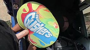 Big ass ebony slut fucked through gloryhole in tight shorts choking on huge cock en route to car wash