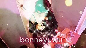 bonneyuwu sucks dildo in miniskirt on bed