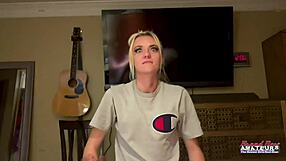 sassy skinny blonde gets naked rubs tits licks balls swallows cum!!!