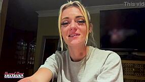 sassy skinny blonde gets naked rubs tits licks balls swallows cum!!!