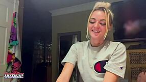 sassy skinny blonde gets naked rubs tits licks balls swallows cum!!!