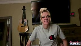 sassy skinny blonde gets naked rubs tits licks balls swallows cum!!!