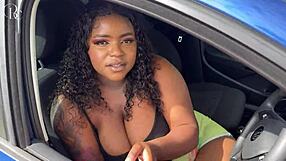 Big ass ebony slut fucked through gloryhole in tight shorts choking on huge cock en route to car wash