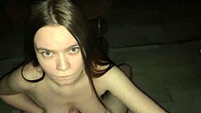 Good girl kneels for stepdad's deep blowjob ending in cum on big natural tits