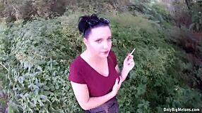 Chubby czech amateur's huge tits fondled outdoors casually