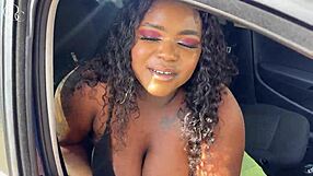 Big ass ebony slut fucked through gloryhole in tight shorts choking on huge cock en route to car wash