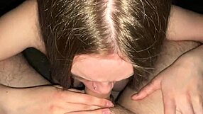 Good girl kneels for stepdad's deep blowjob ending in cum on big natural tits