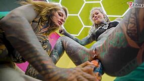 Tattooed Split Tongue Lesbians Toy Anal ATM Tease