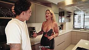 while she works in the living room cougar sneaks to seduce her niece's boyfriend for secret fuck