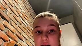 blonde bbw teen squirts hard fingering fat pussy closeup in public gym