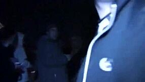 Petite brunette coed teases at university party before group pussy fucking and cumshots