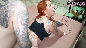 tattooed redhead swallows whole cock then offers wet ass homemade