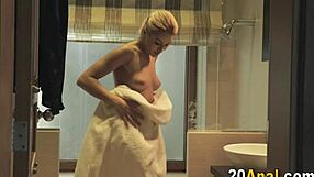 A blonde whore spreads wide for deep anal pounding and explosive cumshot finish