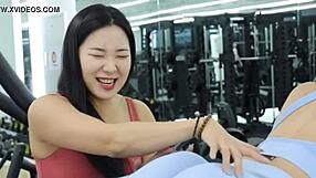 Two sexy Korean fitness models stretch and tease in tight leggings