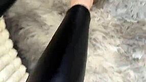 Nice Friday barefoot girl in leather skirt shows off socks fetish
