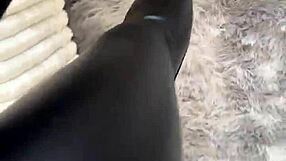 Nice Friday barefoot girl in leather skirt shows off socks fetish