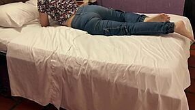 Yo this big ass brunette bitch fingers her wet teen pussy in bedroom panties tease