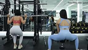 Two sexy Korean fitness models stretch and tease in tight leggings