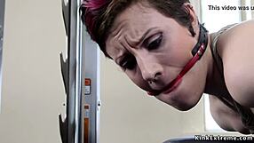 hogtied busty babe choked deepthroats dildo gym bondage rough pain slave tits