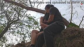 Colombian brunette gives lakeside blowjob and handjob for reward