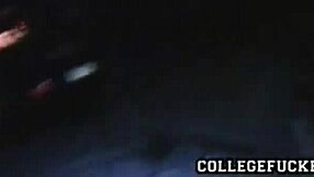 Petite brunette coed teases at university party before group pussy fucking and cumshots