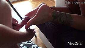 Camilla's beautiful feet get jerked off and covered in hot cum