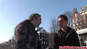 Blond Amsterdam hooker takes tourist cumshot after bent over doggystyle pounding.