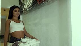 squirting brunette fucks roommate in dorm nearly caught by janitor part 1