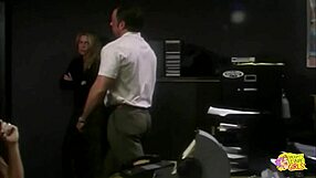 office turns hot as lesbian blondes and brunettes finger lick strap on in threesome