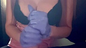 I love my big dildo handjob with gloves on these bouncing boobs