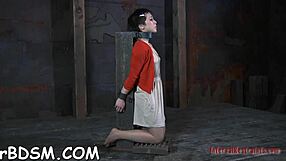 Is her caged shaved pussy begging for rough pounding?