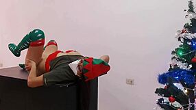 stepmom strips moaning under tree for christmas orgasm celebration