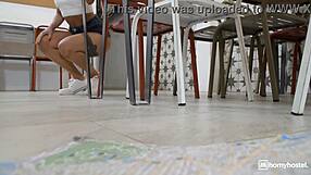 squirting brunette fucks roommate in dorm nearly caught by janitor part 1